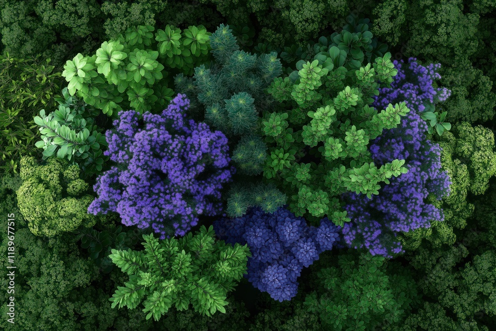 Top view illustration shows various plants in landscape design. Purple flowers bloom amidst greenery. Different types of bushes, trees create nature scene. Layout for landscaping, architectural Top view illustration shows various plants in landscape design. Purple flowers bloom amidst greenery. Different types of bushes, trees create nature scene. Layout for landscaping, architectural