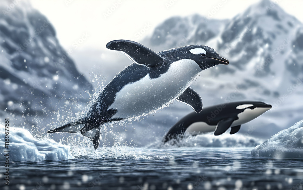 Obraz premium A Chinstrap Penguin's Leap of Faith in Antarctica's Icy Paradise