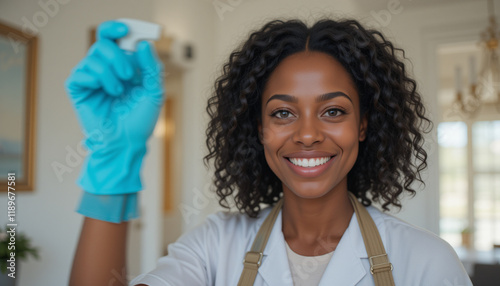 Smiling cleaning professional ready to take on the job with enthusiasm. Cleaning and sanitation photo