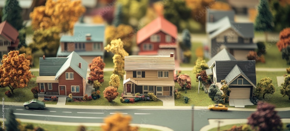 Miniature autumnal neighborhood model with houses, trees, and cars.