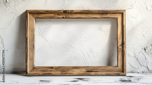 Rustic wooden frame with mat on a textured wall background photo