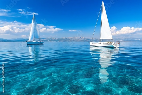 Sailing Boats on Crystal Clear Blue Waters Under Sunny Skies : Generative AI photo