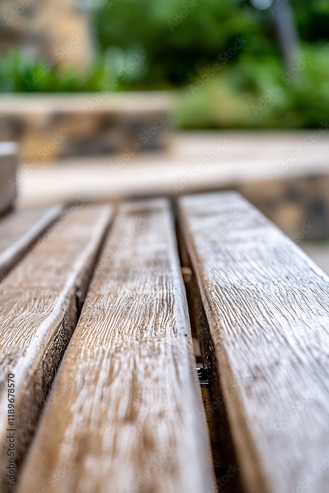 Fototapeta premium Blurred closeup of wooden bench with abstract garden background emphasizing tranquility : Generative AI