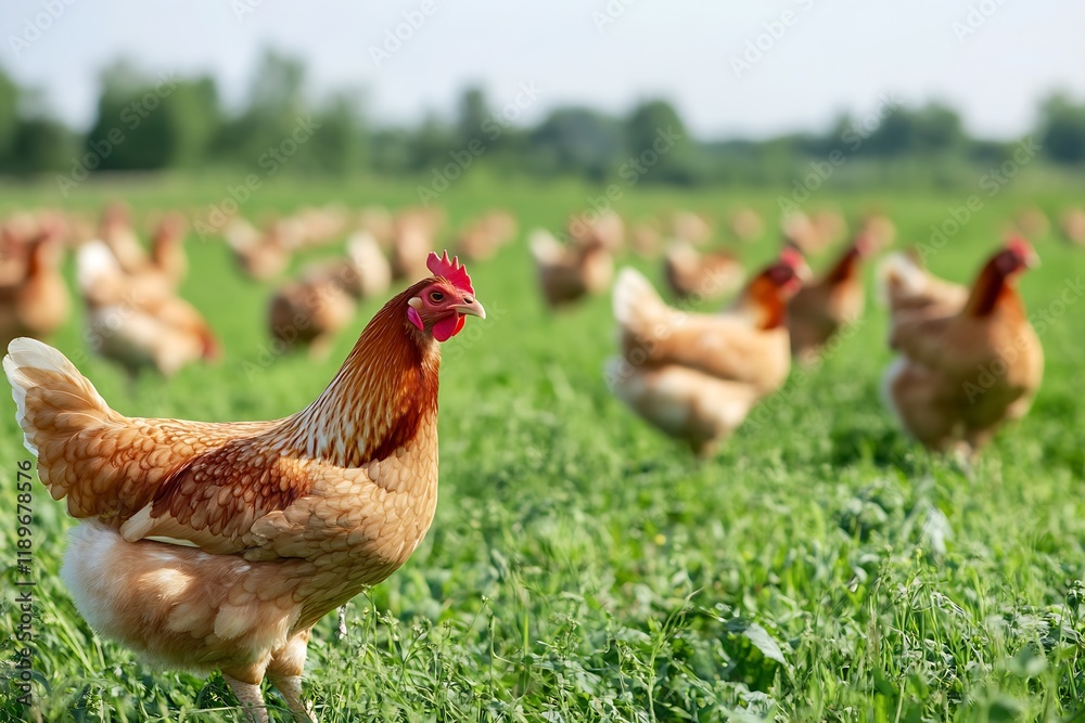 Fototapeta premium Free-Range Chickens Roaming on Green Farm Field with Organic Farming Practices : Generative AI