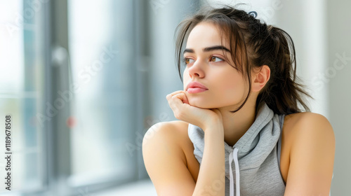 A lively young woman in sporty attire, inspired and ready for a morning workout in her cozy apartment space. Free Download A lively young woman in sporty attire, inspired and ready for a morning workout in her cozy apartment space. - GFXLoad
