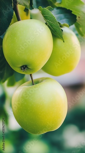 Close-up of Fresh Green Apples Hanging on Tree Branch in Lush Orchard Environment : Generative AI photo