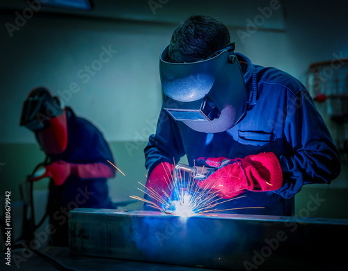 A worker manually welds steel and stainless steel components using TIG technology, detail of an electric arc.	