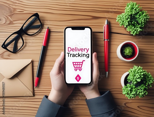 Delivery tracking app interface on a smartphone held over a wooden desk, surrounded by office supplies and green plants, symbolizing efficient parcel monitoring and modern e-commerce convenience

 photo