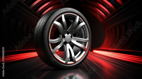 Sleek modern car wheel on a striking red backdrop, showcasing black rubber tire and engine oil for impactful advertising.