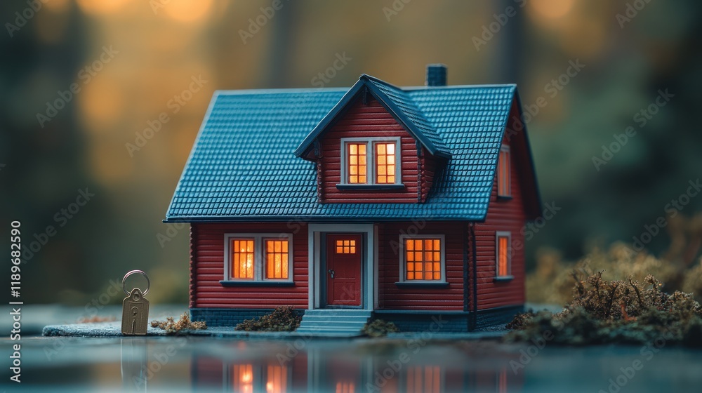 Illuminated miniature house model with key outdoors at dusk. Illuminated miniature house model with key outdoors at dusk.
