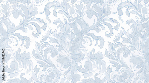 The image features an intricate, light blue floral pattern on a white background