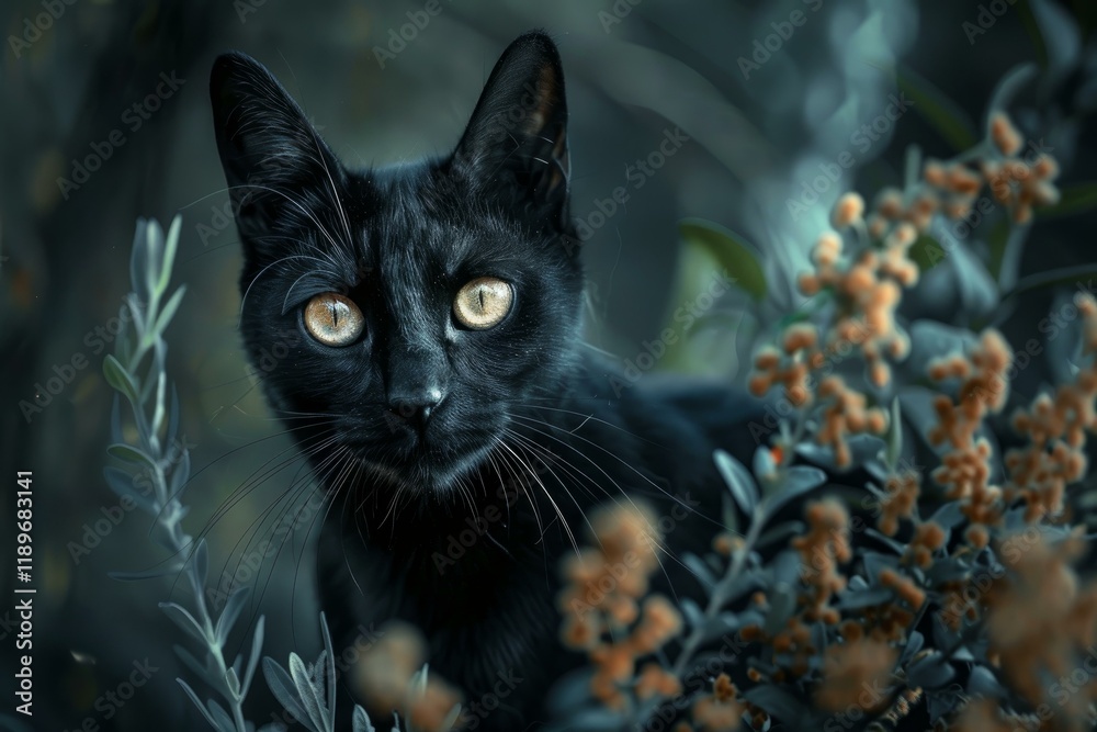 Black cat with bright yellow eyes peering through plants in nature Black cat with bright yellow eyes peering through plants in nature