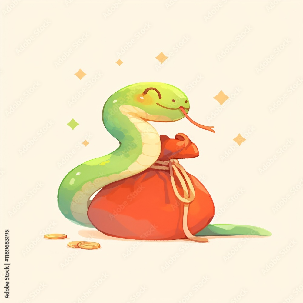 Naklejka premium Green snake with gold coin and money bag isolated on light background. Wealth, prosperity concept. Symbol Chinese New Year. Finance and business. Cartoon illustration for design greeting card, banner