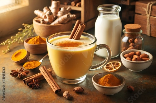 turmeric tea with plantbased milk and cinnamon photo