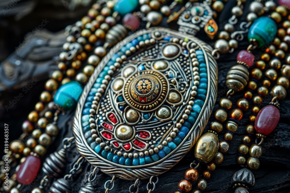 Close up of an elaborate ethnic pendant showcasing colorful beads and intricate silver work, resting on a dark textured surface Close up of an elaborate ethnic pendant showcasing colorful beads and intricate silver work, resting on a dark textured surface