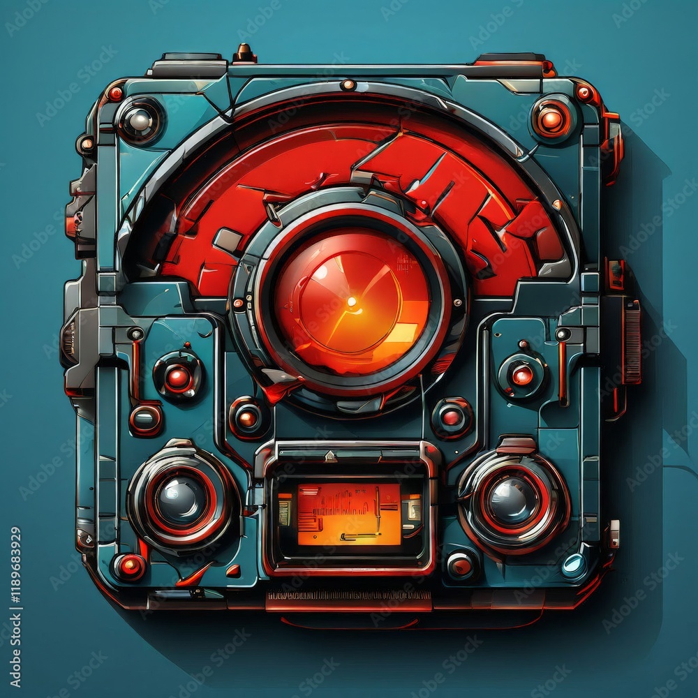 Fototapeta premium futuristic robot with red helmet and glasses on dark background. vector illustration.