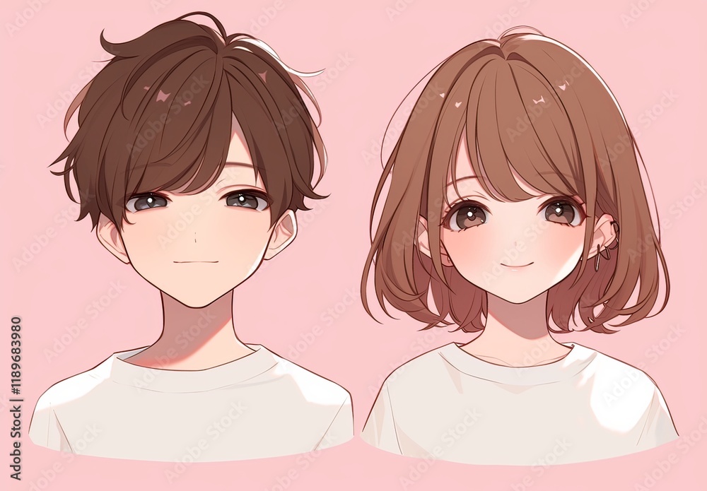 A cute anime-style couple avatar featuring a man and woman, both with brown hair, depicted in an adorable anime art style with soft colors. A cute anime-style couple avatar featuring a man and woman, both with brown hair, depicted in an adorable anime art style with soft colors.