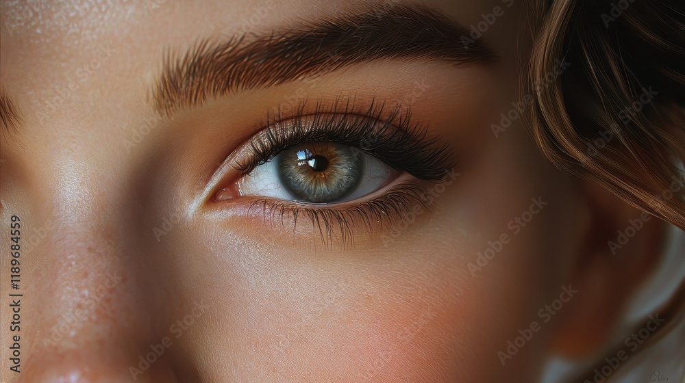 Fototapeta premium Close-up of a young female's eye with striking blue iris and detailed eyebrow