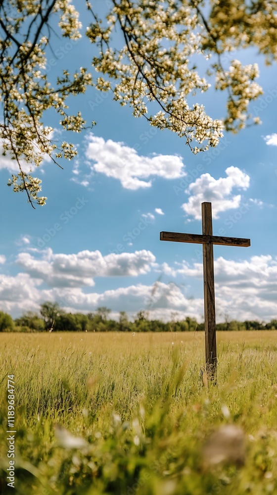 Wooden Cross in Serene Field Under Clear Blue Sky Represents Peace and Tranquility in Nature : Generative AI Wooden Cross in Serene Field Under Clear Blue Sky Represents Peace and Tranquility in Nature : Generative AI