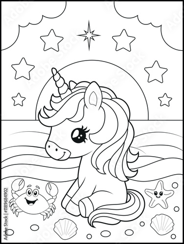 Black and white printable Unicorn coloring pages for kids. Children's coloring books with a cute unicorn cartoon character at the beach