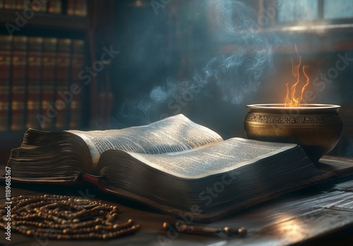 A scene depicts the revered Bhagavad Gita book, sacred to India, adorned with a japamala, prayer beads, placed alongside a Tibetan bowl, a lit candle, and smoldering incense, all set against a black photo