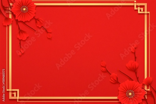 Frame with golden fans on red background. Traditional asian design for Chinese New Year, Mid-Autumn Festival, National Day, Qixi. Template with copy space for greeting card, banner, poster, invitation photo