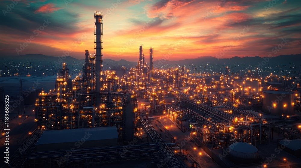 Obraz premium Industrial refinery at sunset with illuminated towers and vibrant sky
