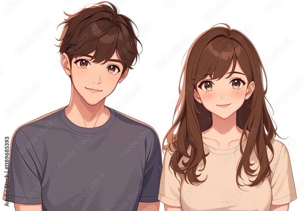 A cute anime-style couple avatar featuring a girl with long brown hair and her boyfriend in a gray T-shirt. A cute anime-style couple avatar featuring a girl with long brown hair and her boyfriend in a gray T-shirt.