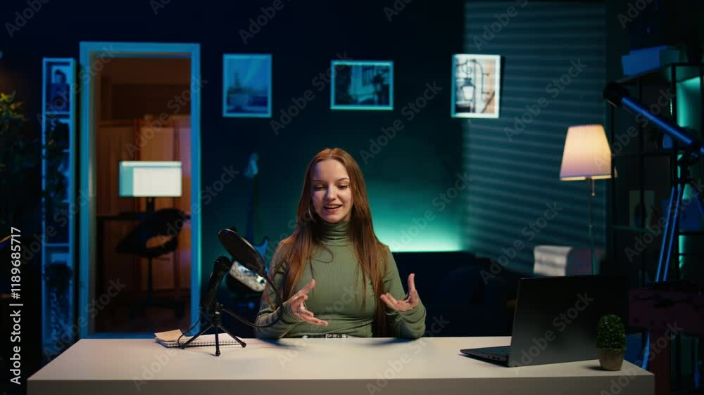 Upbeat content creator in studio filming herself discussing topics of interest for generation Z fanbase. Jolly internet star talking in microphone, recording video targeting gen Z viewers, camera B Upbeat content creator in studio filming herself discussing topics of interest for generation Z fanbase. Jolly internet star talking in microphone, recording video targeting gen Z viewers, camera B