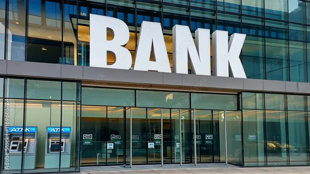 Bank Office Building: Modern bank exterior with glass facade and a large, bold that says 