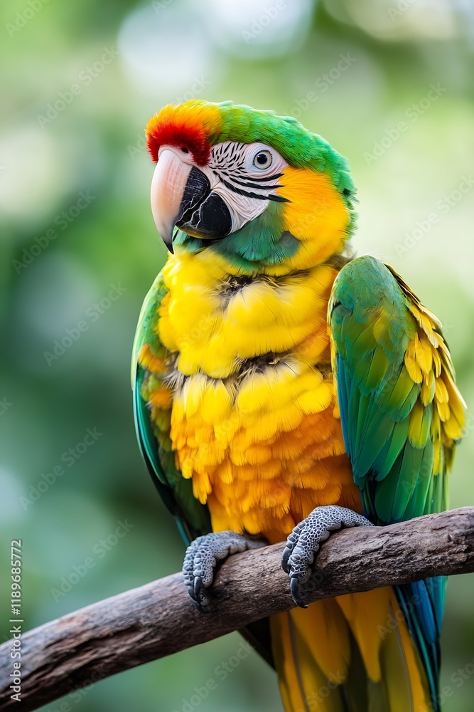 Fototapeta premium Colorful Macaw Parrot Perched on Tree Branch with Vibrant Feathers and Intense Gaze in Lush Habitat : Generative AI