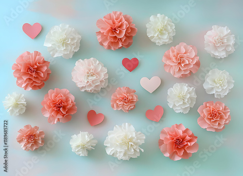 Wallpaper Mural Lovely Pastel Paper Flowers and Hearts on a Soft Blue Background Torontodigital.ca