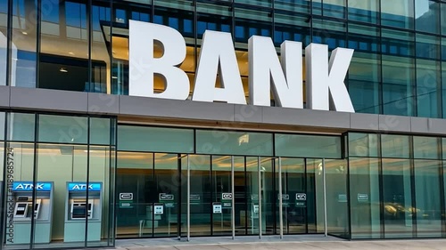 Bank Office Building: Modern bank exterior with glass facade and a large, bold that says 