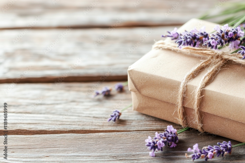 Rustic parcel wrapped in kraft paper and tied with jute string on a wooden table with lavender