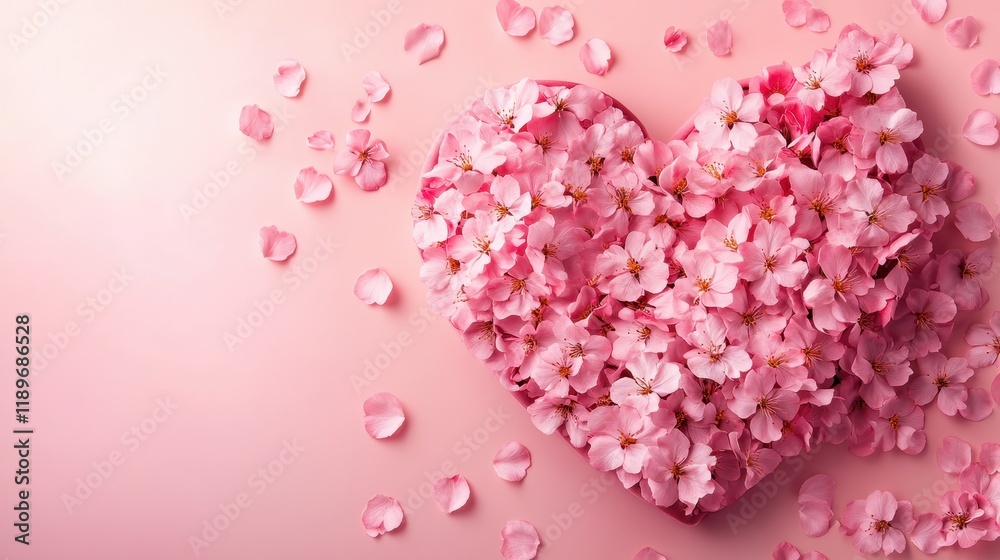 Obraz premium Pink cherry blossom heart on soft pink background with scattered petals