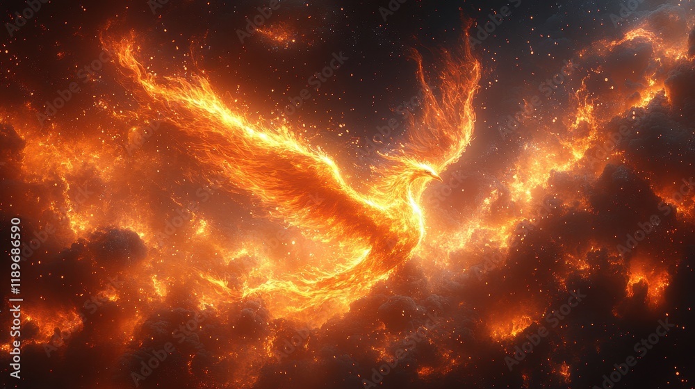Naklejka premium A fiery phoenix rises amidst a cosmic background, symbolizing rebirth.