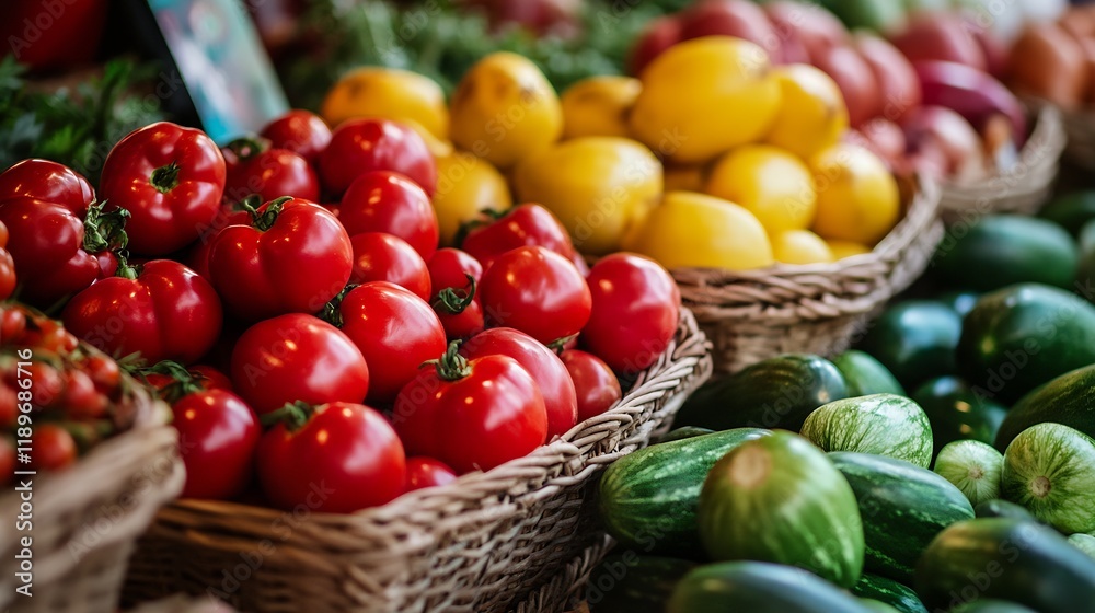 Assortment of Fresh Vegetables in Baskets at a Local Farmers Market Stand : Generative AI Assortment of Fresh Vegetables in Baskets at a Local Farmers Market Stand : Generative AI