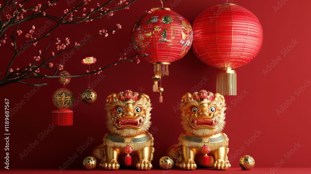 Fototapeta premium Chinese New Year Festive Decor: Golden Foo Dogs, Red Lanterns, and Blossoms