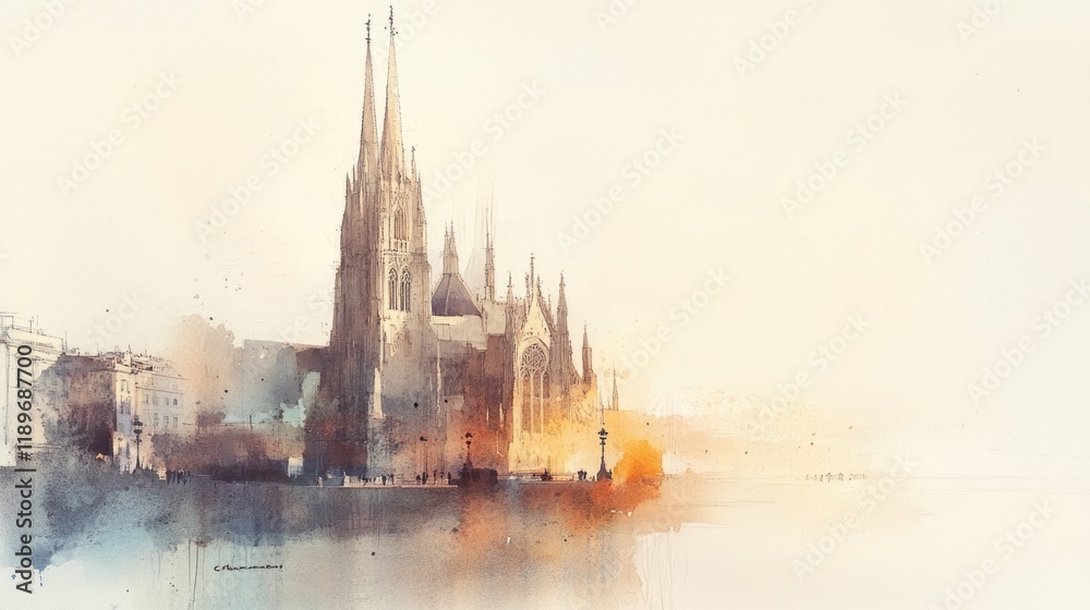 Fototapeta premium Classic cathedral exterior with towering spires, bathed in soft beige tones. 