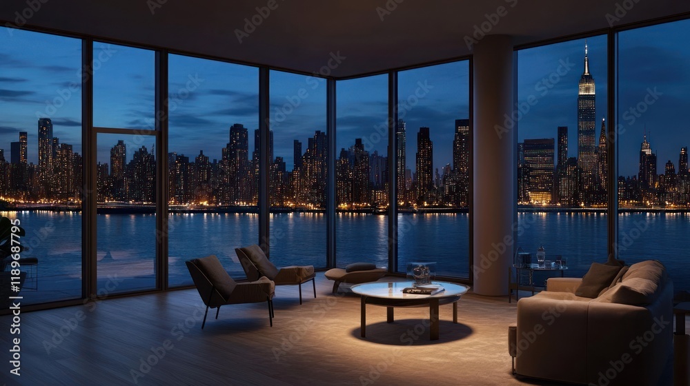 Fototapeta premium Breathtaking Night View of Manhattan Skyline from Luxurious Apartment