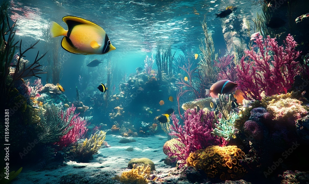 Obraz premium Vibrant coral reef teeming with colorful fish.