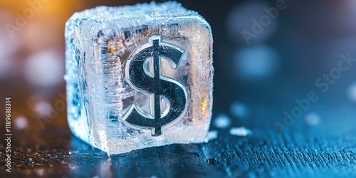 Frozen dollar sign encased in ice cube on dark surface