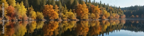 Dense thicket of deciduous trees in foreground reflecting off calm surface of autumn-colored Toketee Lake near Umpqua National Forest, deciduous trees, autumn leaves photo