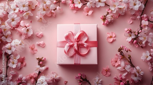 Pink gift box with ribbon surrounded by cherry blossoms on pastel background