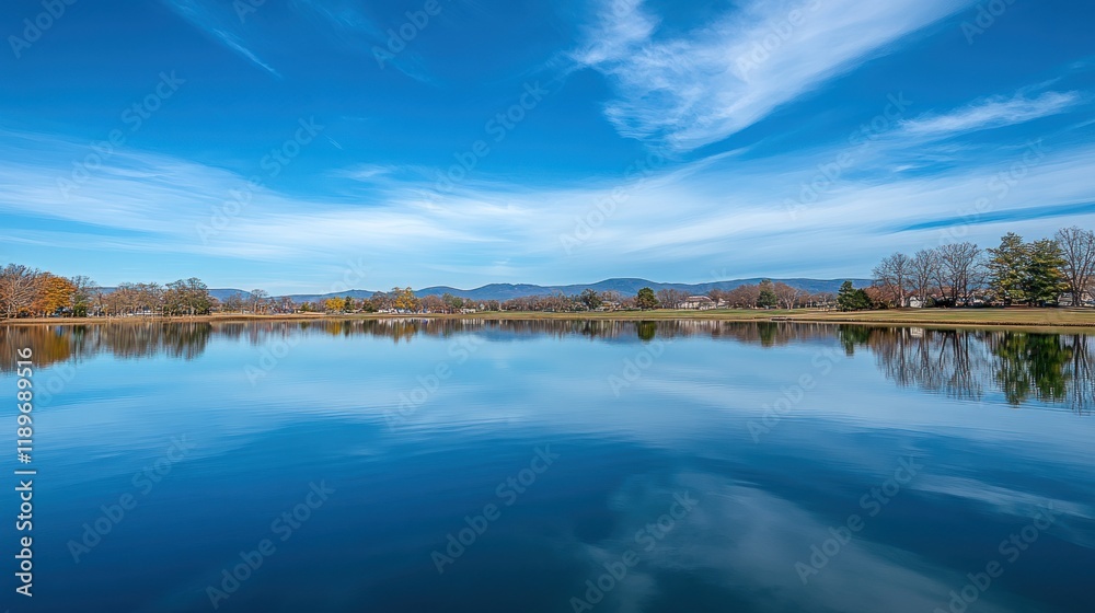 Serene Lake Reflection under a Blue Sky Serene Lake Reflection under a Blue Sky