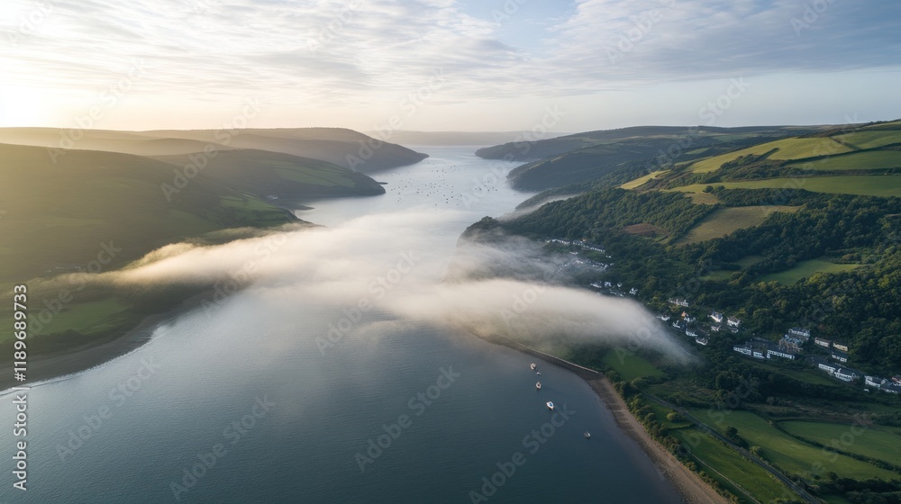 Misty Morning at the Estuary: Aerial View of a Serene Coastal Landscape