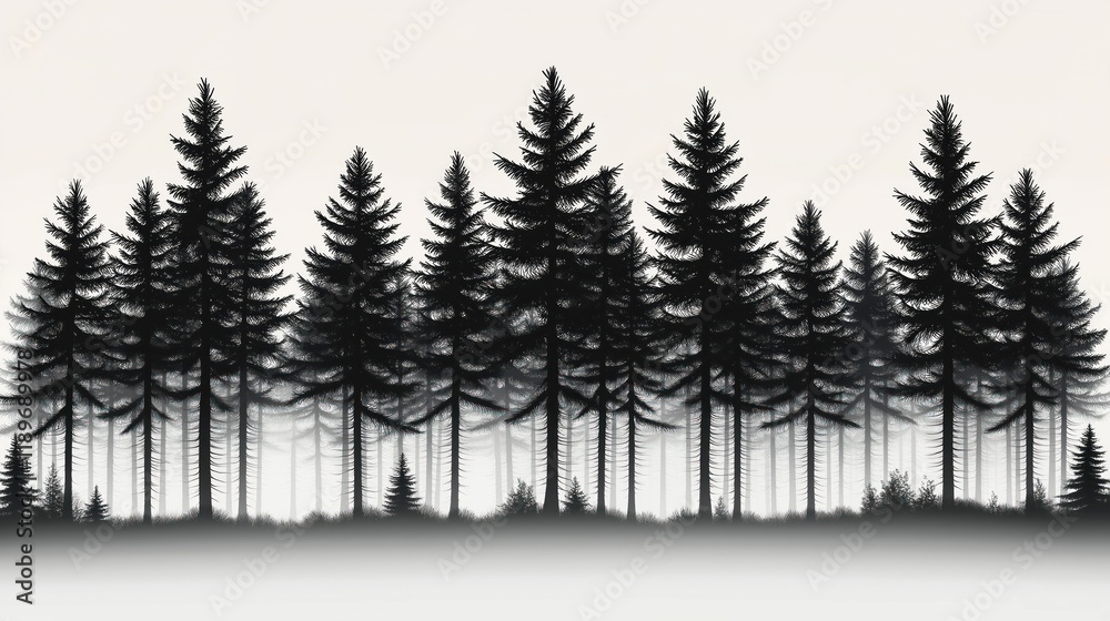 Obraz premium Silhouette forest of tall pine trees. Dark silhouettes of trees stand in dense forest. Misty scene in monochrome. Tranquil, mysterious forest landscape. Winter foggy day. Nature scene. Black, white