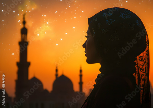 Silhouette of a Woman in a Hijab at Sunset with a Mosque in the Background photo