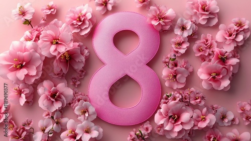 Pink fabric number eight surrounded by cherry blossoms on a soft pink background