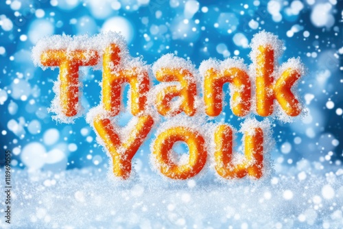 A vibrant thank you message sparkles in orange hues, surrounded by delicate snowflakes and a serene snowy landscape, evoking warmth and appreciation in winter photo